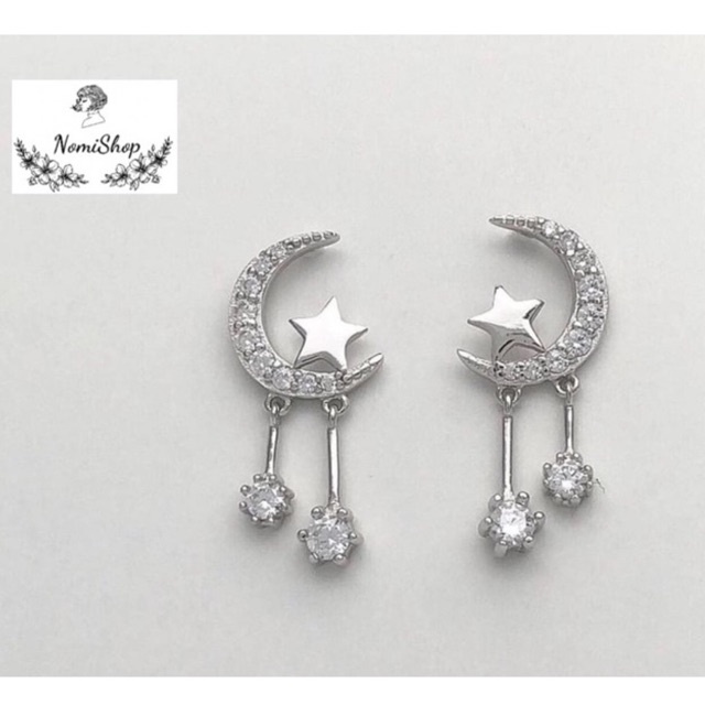 Bông tai nữ Bạc ta, Trăng sao lấp lánh dễ thương. Thu hút ánh nhìn Mainomi Shop Bạc Xinh