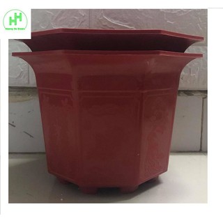 2 Chậu Nhựa Trồng Cây Hoa, Cây Cảnh Bát Giác Màu Đỏ Kích Thước 210x170