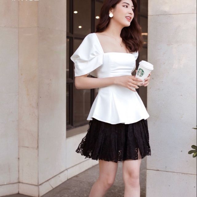 Áo peplum cổ vuông tay úp phồng