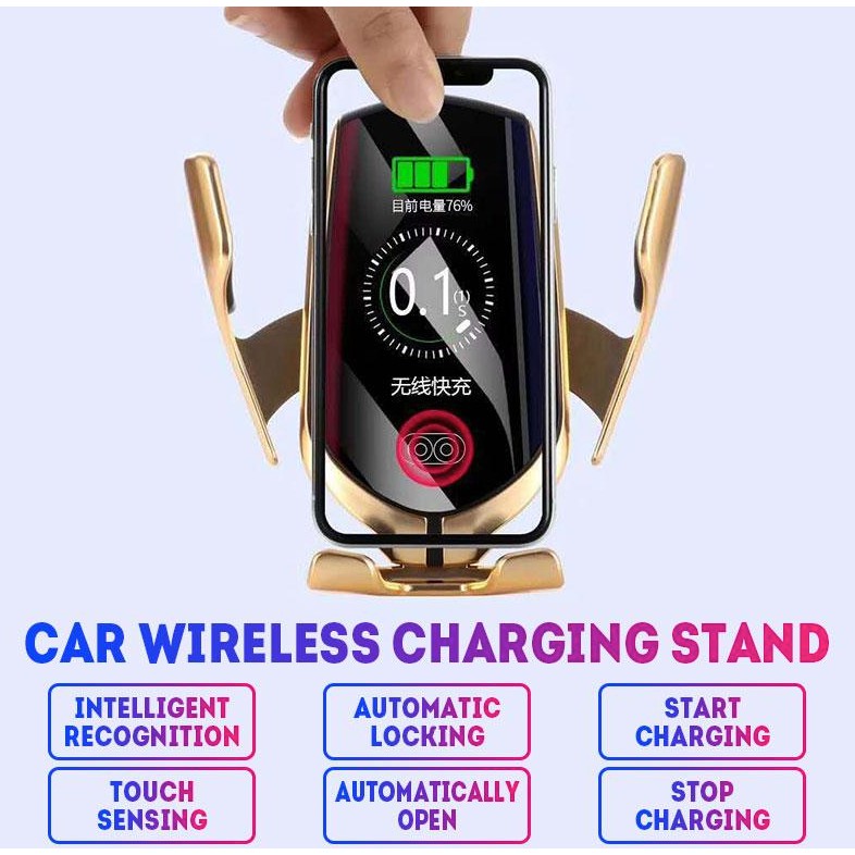 Đế Sạc Không Dây R1 Xe Ô Tô Kiêm Giá Đỡ Điện Thoại Chuẩn Qi Cảm Ứng Hồng Ngoại Car Wireless Charger