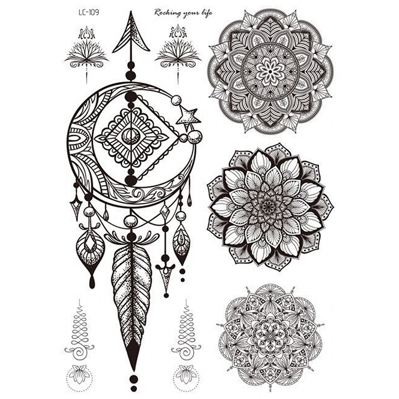 Hình Xăm Dán Tạm Thời Henna Hình Dream Catcher/ Lông Vũ/ Bươm Bướm Màu Đen