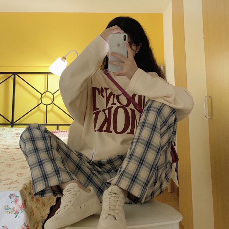 Set Áo Sweater Form Rộng Và Quần ống rộng Họa Tiết Sọc Caro Phong Cách Hàn Quốc