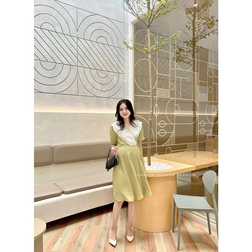 Váy đầm bầu cổ bèo tơ eo nơ các điệu Joamom V221