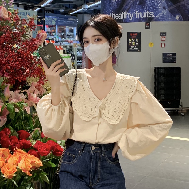Áo sơ mi tay dài cổ búp bê phối ren form rộng xinh xắn thời trang cho nữ