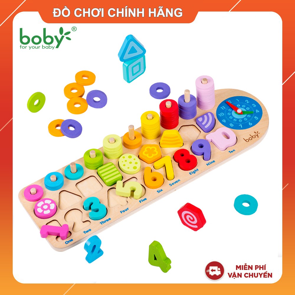 Đồ chơi gỗ Montessori cho bé Bàn tính hình khối, số học, tập đếm, đồng hồ