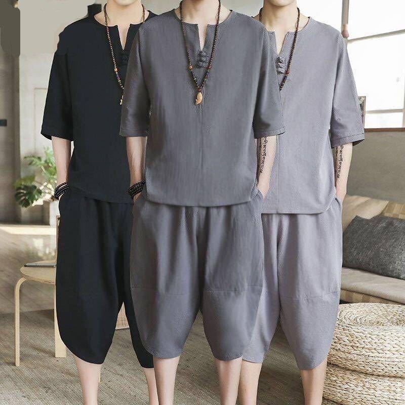 Bộ Đồ Hán Phục Tay Ngắn Bằng Vải Lanh Cotton Thời Trang Mùa Hè Cho Nam