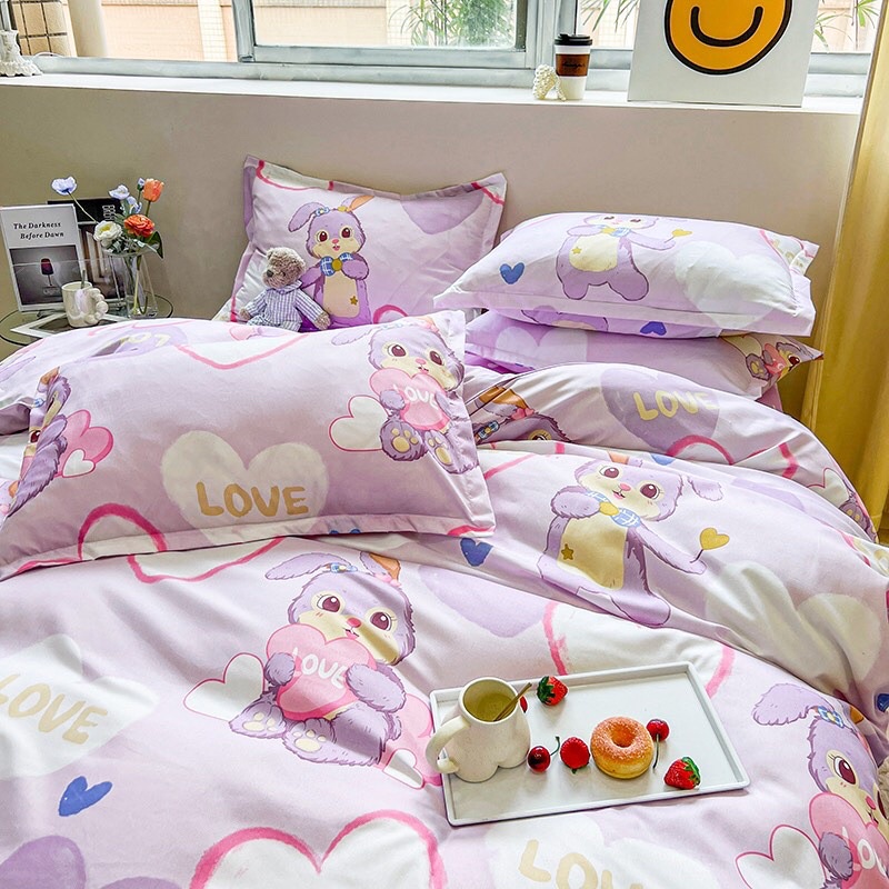 Set chăn ga cotton poly nhập khẩu có chăn trần bông - mẫu thỏ stella mới tím cute