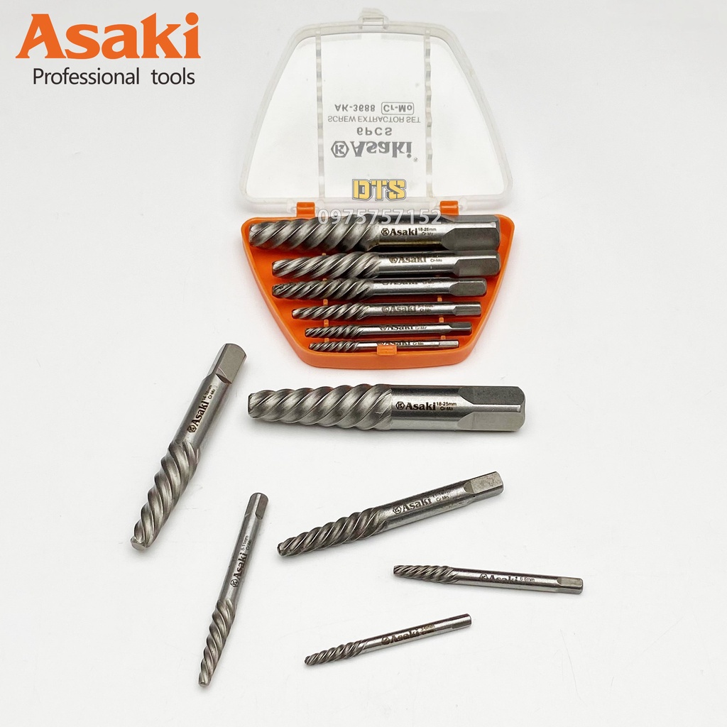 Bộ 6 mũi ren lấy bu lông, ốc vít gãy Asaki AK-3688, bộ mũi vít nhổ ốc gãy toét thép Cr-Mo cao cấp, siêu cứng, siêu bền