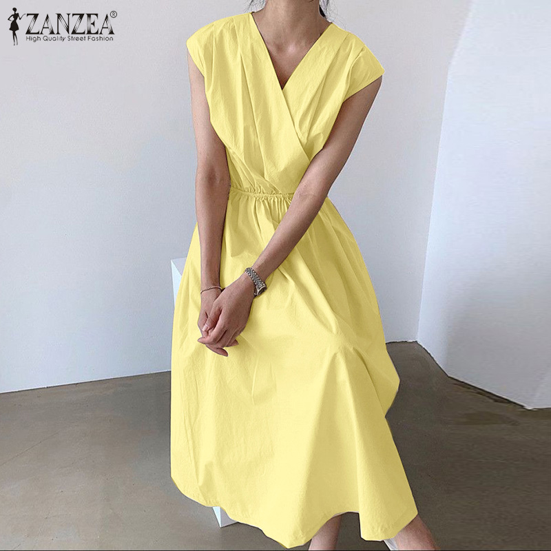 ZANZEA Women Casual V-Neck Sleeveless Swing Pleated Loose Long Dress | BigBuy360 - bigbuy360.vn