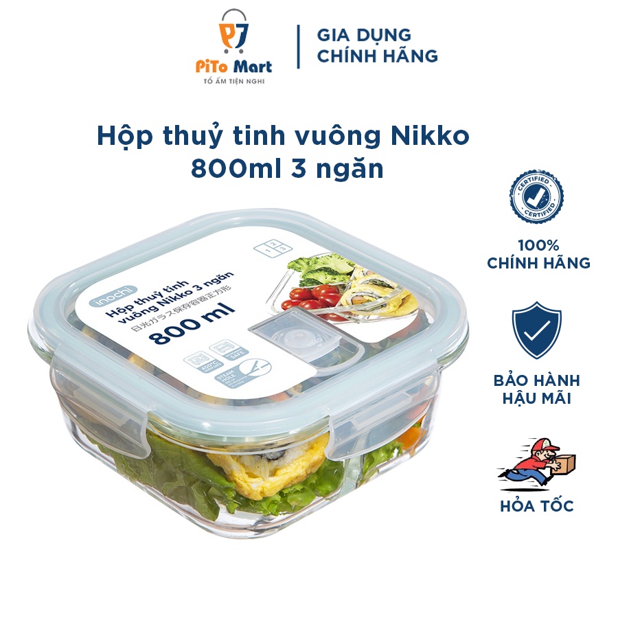 Hộp đựng cơm, thực phẩm thuỷ tinh vuông Inochi- Nikko 800ml 3 ngăn