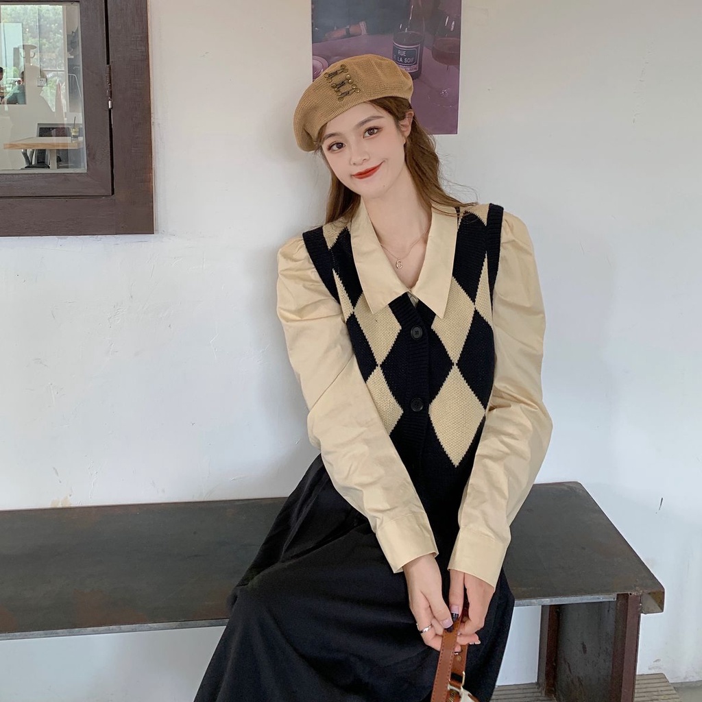 Áo len không tay họa tiết sọc theo phong cách Hàn Quốc