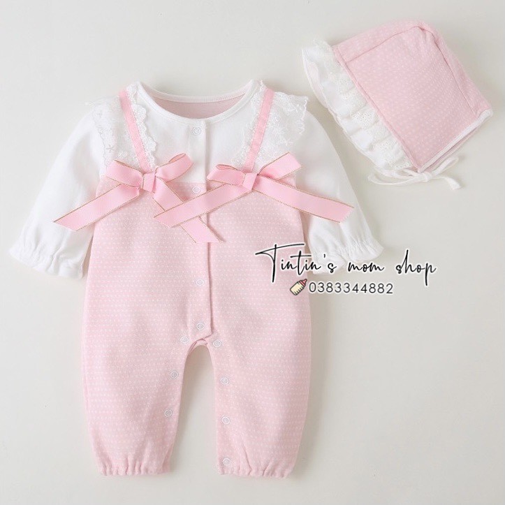 Set body tiểu thư cao cấp cotton giả yếm cho bé gái đầy tháng 0-3M (Kèm mũ)