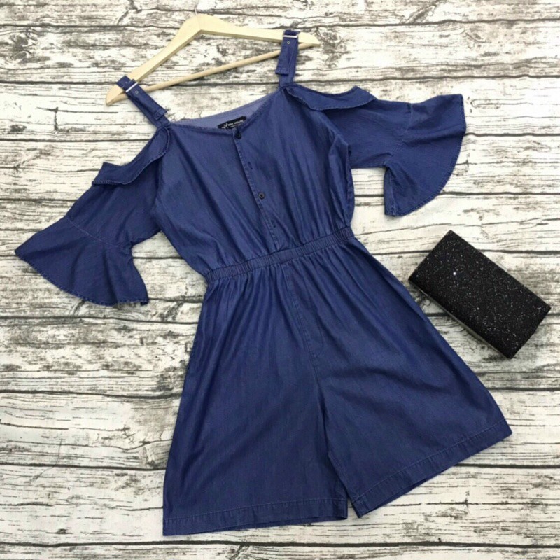Jumpsuit short denim 2 dây trễ vai full.ML