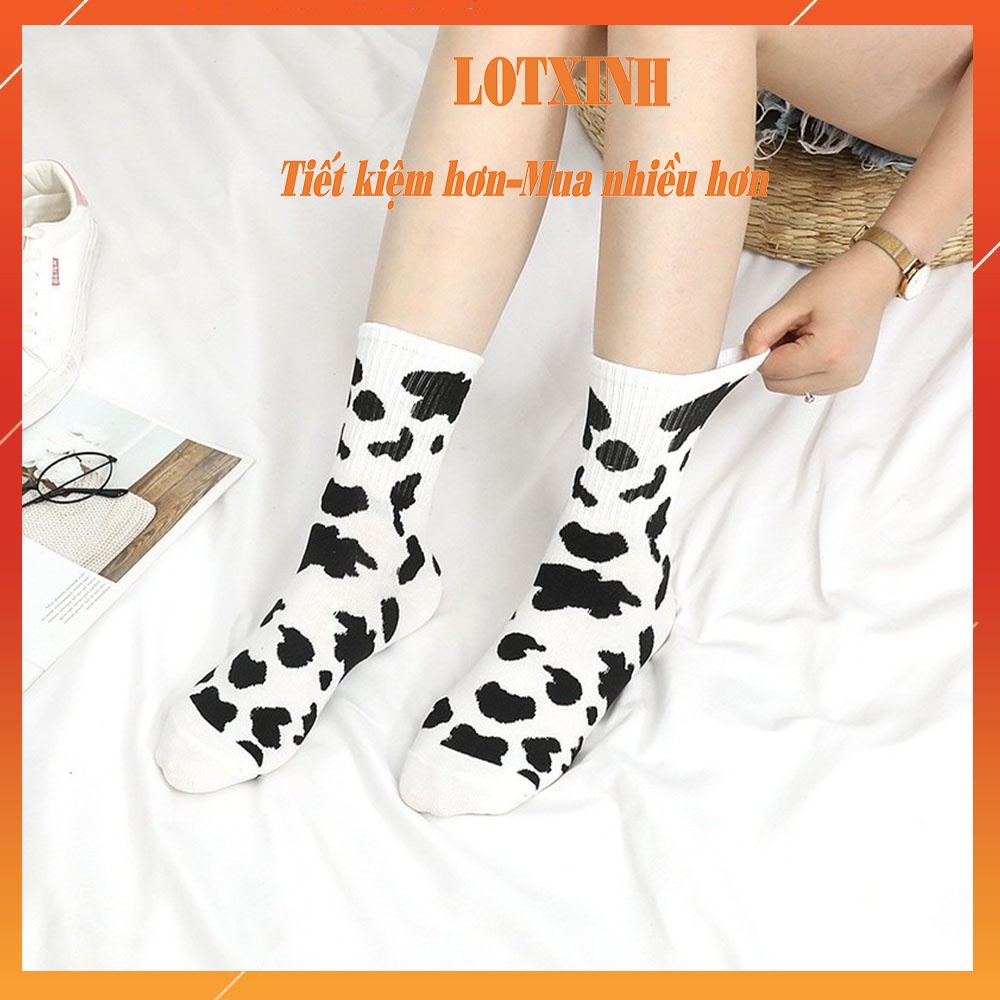 Tất nữ cổ cao họa tiết bò sữa Vintage phong cách Hàn Quốc LOTXINH