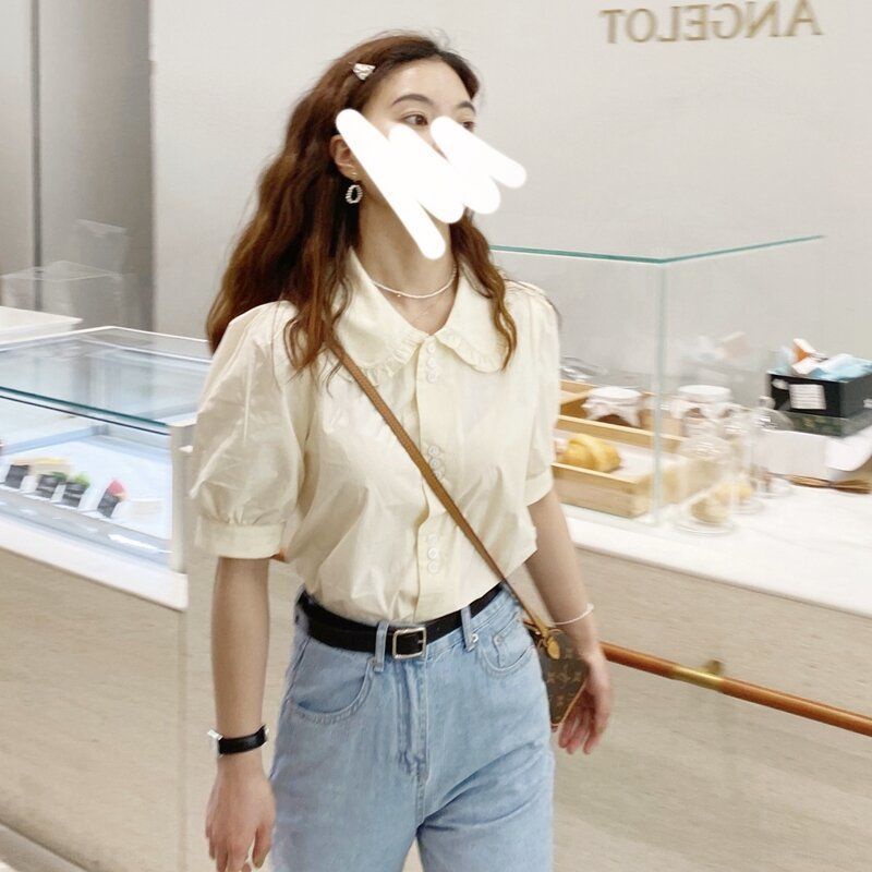 Áo Sơ Mi Trơn Ngắn Tay 164133 Áo Kiểu Tay Phồng Cổ Búp Bê Phong Cách Thời Trang Pháp