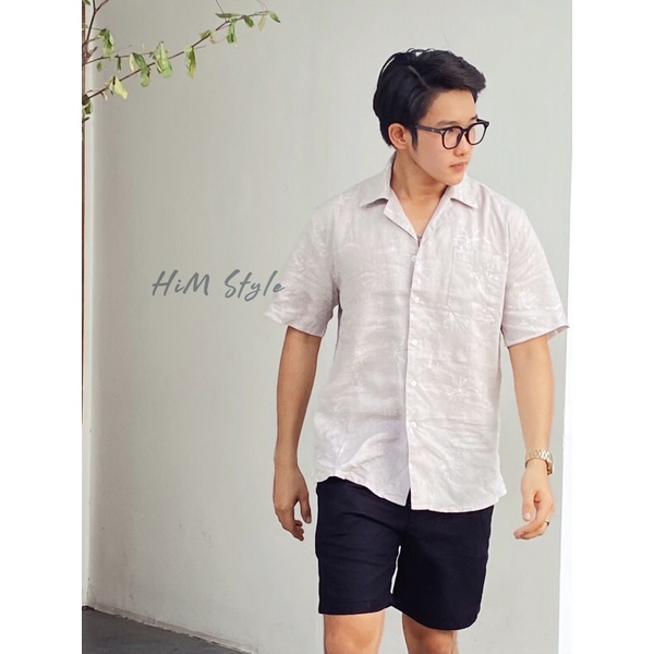 Áo Sơ Mi Nam Tay Ngắn Linen Tưng In Hoạ Tiết Cây Dừa