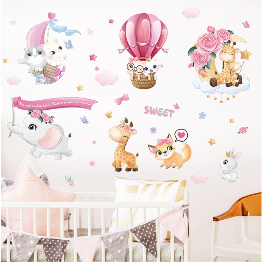 Decal dán tường  Mèo và voi con xinh xắn cho bé yêu