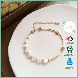 Lắc tay mạ vàng hoạ tiết hạt ngọc nhân tạo vòng tay mạ vàng hạt tròn không đối xứng phong cách Hàn Quốc