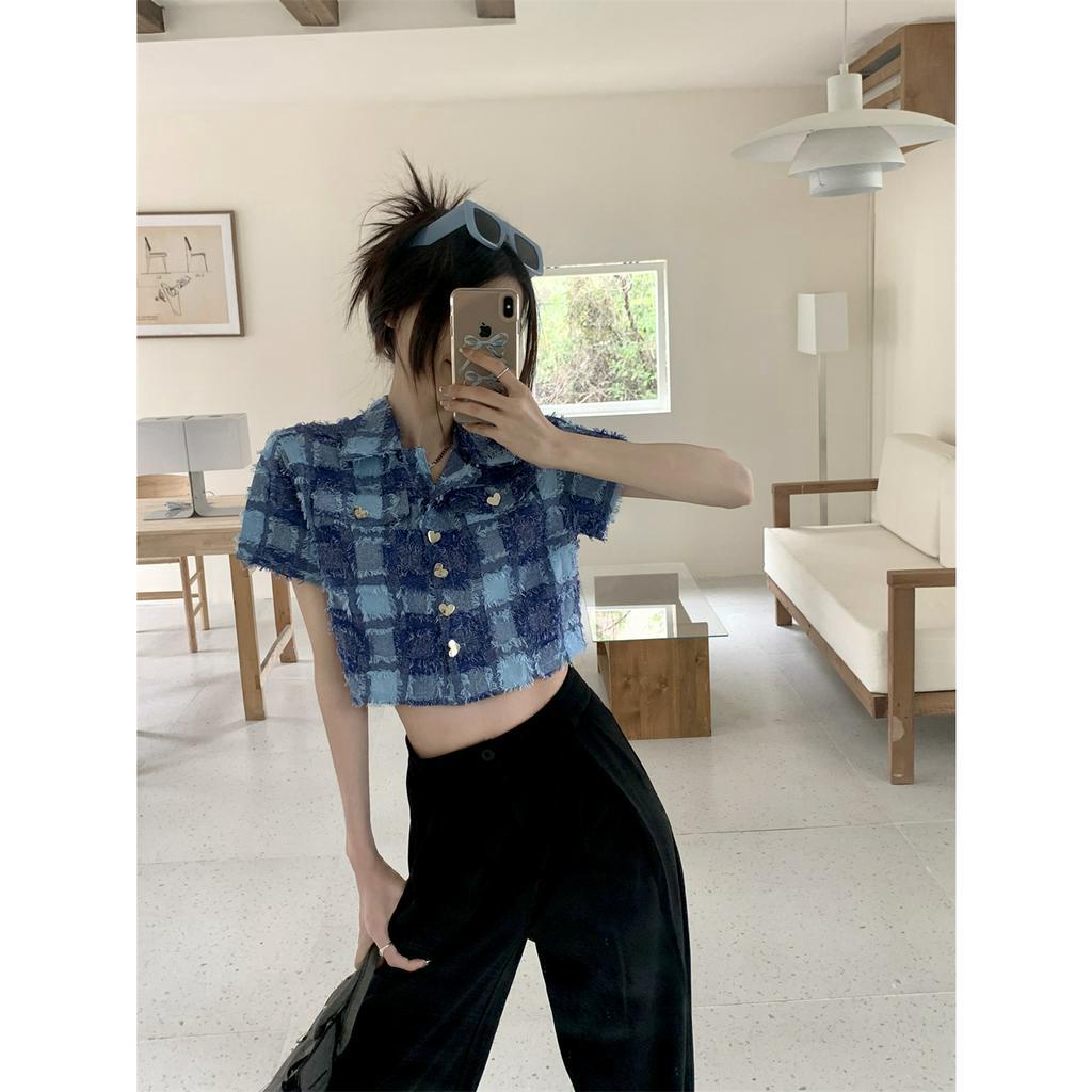 「 WELOVE1 」Áo Sơ Mi Ngắn Tay Cài Nút Hình Trái Tim Phối Màu Tương Phản Xanh Dương Cho Nữ