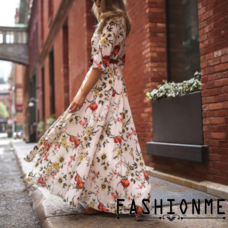 Đầm maxi dài tay họa tiết hoa trang trí phong cách Boho