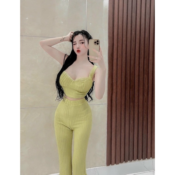 Set thiết kế áo croptop 2 dây cúp ngực + quần dài ống loe trắng xanh cam, bộ hotgirl sang trọng tôn dáng đi chơi dự tiệc