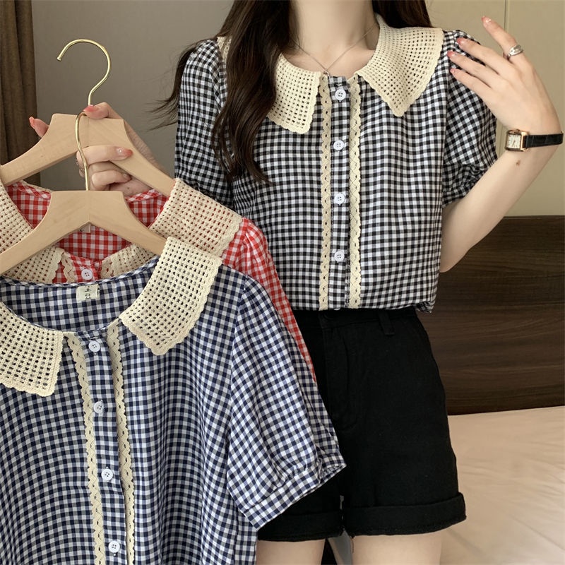Áo Sơ Mi Tay Ngắn Dáng Rộng Cổ Búp Bê Kẻ Sọc Ca Rô Thiết Kế Mới Thời Trang Mùa Hè Cho Nữ