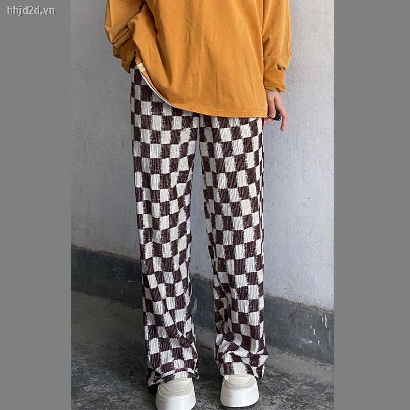 Quần dài ống rộng dáng suông in họa tiết caro/đen viền hông thời trang thu đông hàng mới