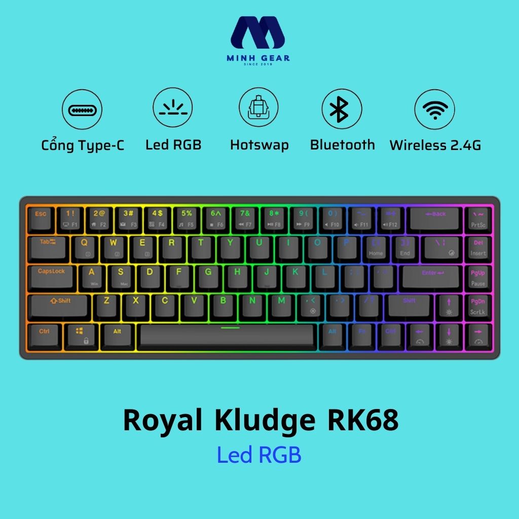 Bàn phím cơ Royal Kludge RK G68 (Bluetooth 5.0 / Wireless 2.4Ghz / Hotswap / Switch Akko)