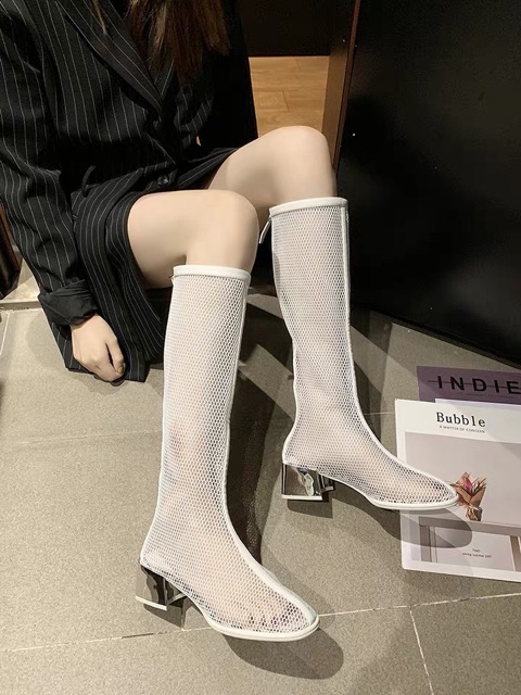 Sz 35-40 Boots đùi lưới phối viền bóng, gót gương 4cm