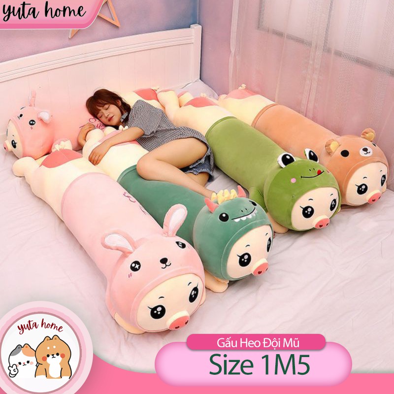 Gấu Nhồi Bông Lợn Dài Đội Mũ Biến Hình Siêu Cute Heo Size Lớn - Vải Nhung Co Dãn 4 Chiều Mềm - Bông Gòn Êm Ái Yuta Home