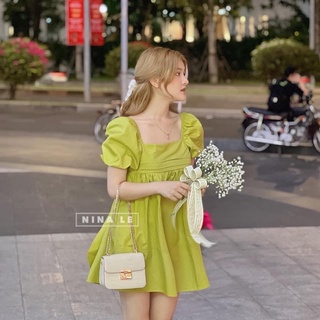 Váy xanh cổ vuông nơ sau tay bồng siêu hot