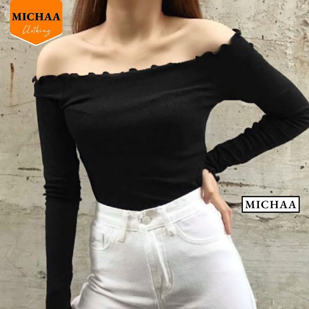 Áo Croptop TRỄ VAI Tay Dài Nữ Kiểu Viền Gợn Sóng Đẹp - MICHAA
