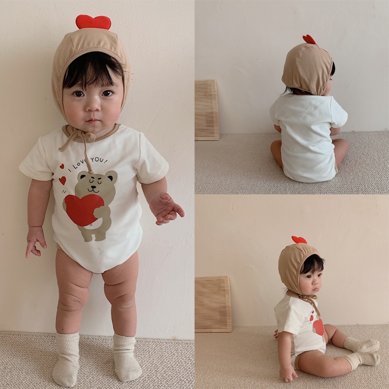 Bộ Áo Liền Quần Tay Ngắn In Hình Gấu + Mũ Dễ Thương Thời Trang Mùa Hè Cho Bé Sơ Sinh