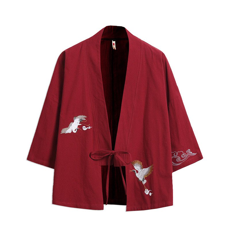 Áo Khoác Kimono Tay Ngắn Chất Liệu Vải Lanh Mỏng In Họa Tiết Chim Hạc Phong Cách Trung Hoa Cổ Điển Cho Nam