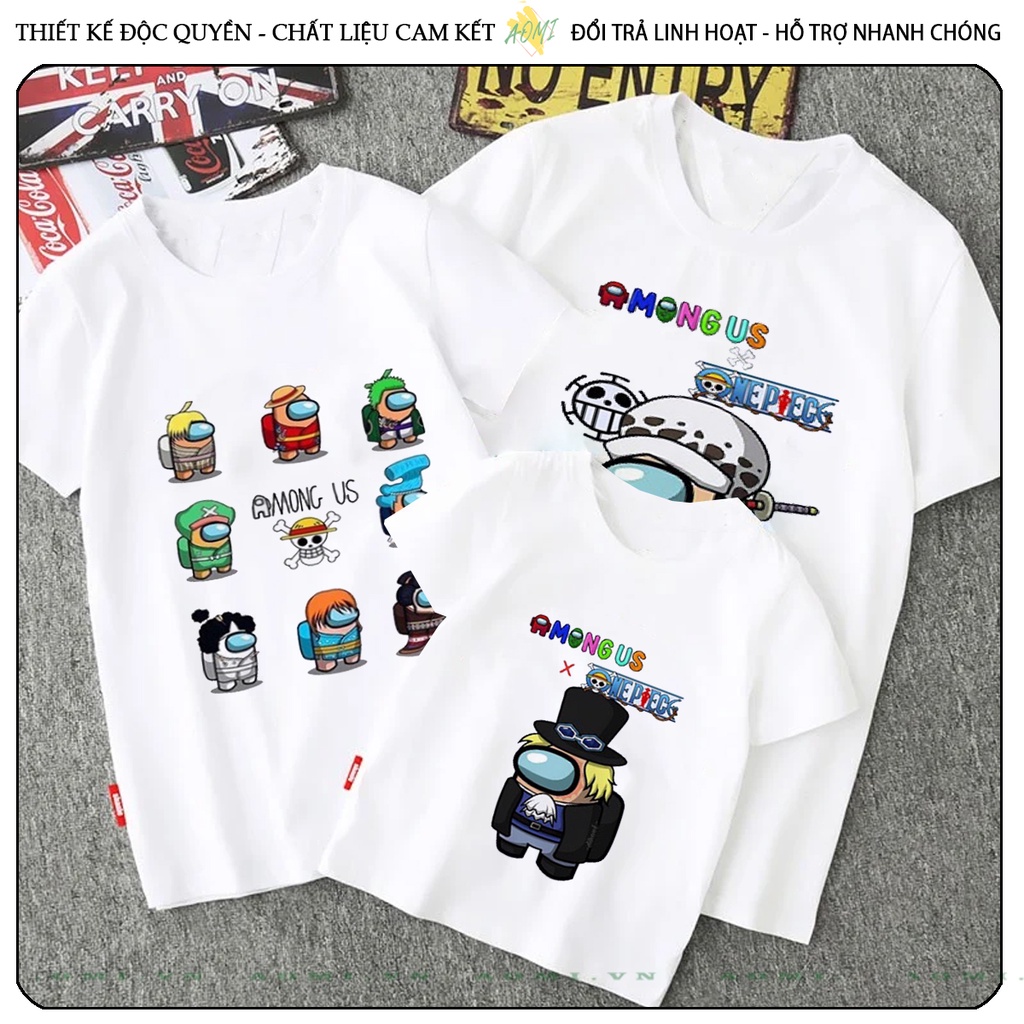 ÁO THUN  Among Us x One Piece UNISEX PHÔNG TRẮNG TAY NGẮN NAM NỮ GIA ĐÌNH CẶP ĐÔI SIZE TRẺ EM BÉ TRAI GÁI AOMIVN