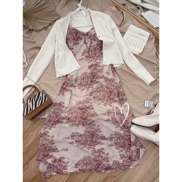 Set váy hai dây dáng dài phong cảnh kèm áo khoác trắng | BigBuy360 - bigbuy360.vn