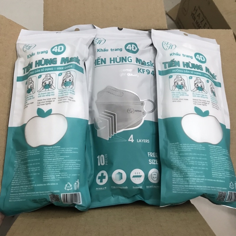 1 Túi 10 cái KHẨU TRANG 4D KHÁNG KHUẨN TIẾN HÙNG Mask KF94
