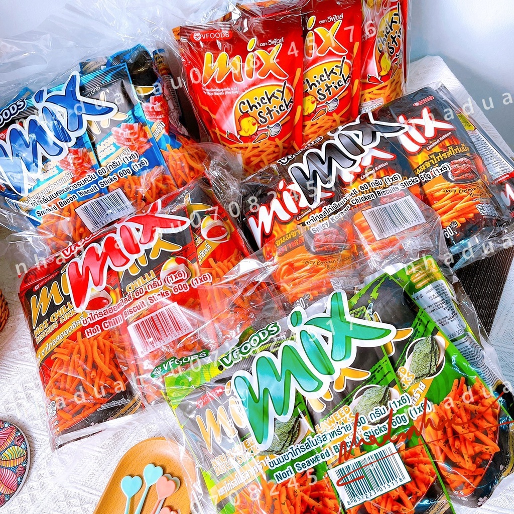 Lốc 6 gói bánh snack/ bim bim tăm que cay MIX Thái Lan gói lớn 60gam