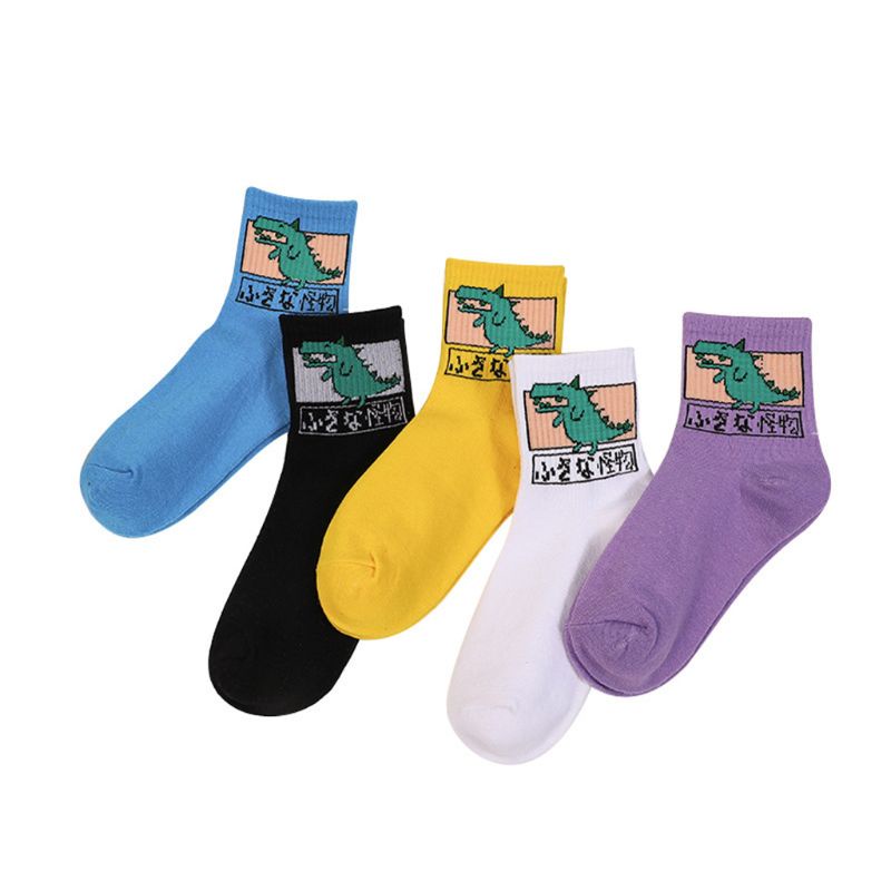Set 5 Đôi Vớ Dài Trung Bình In Họa Tiết Khủng Long Hoạt Hình Vui Nhộn Phong Cách Harajuku Cho Nữ