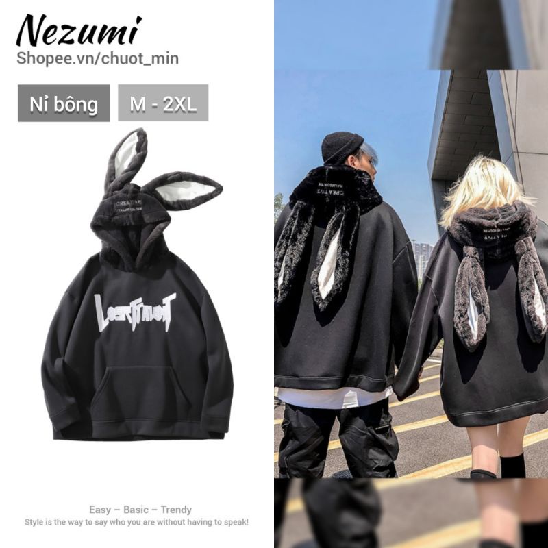 Áo hoodie nỉ bông tai thỏ dài siêu to khổng lồ chữ ngực thêu mũ lông mềm mịn unisex nam nữ