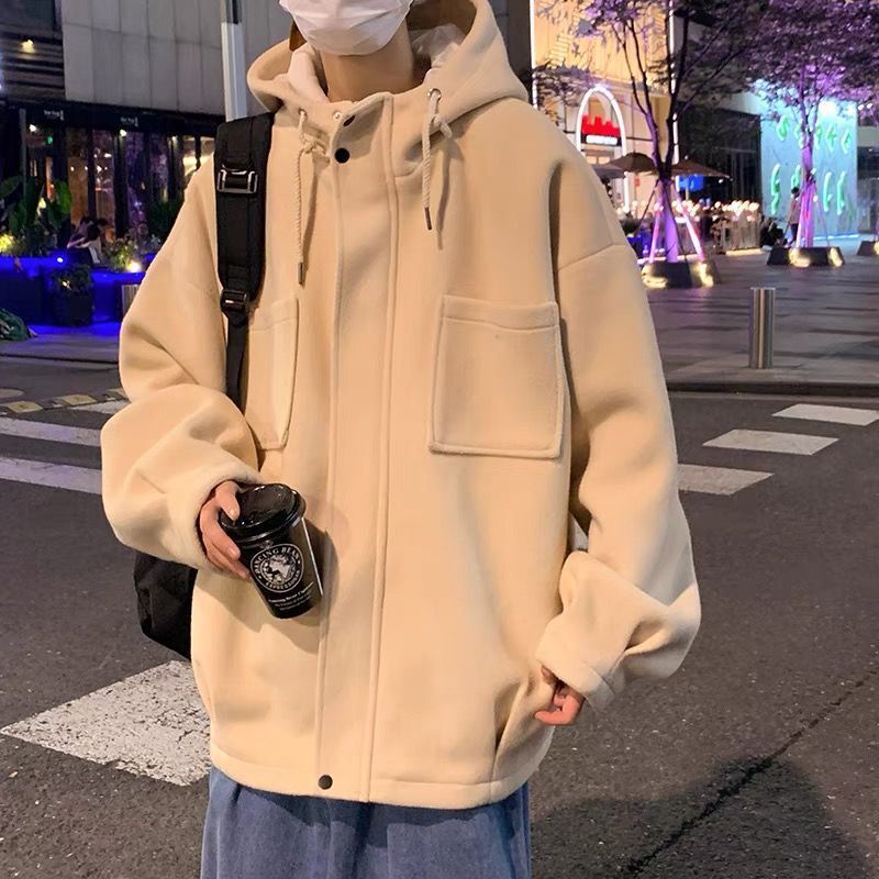 Áo Khoác Nhung Dáng Rộng Màu Trơn Phối Khóa Kéo Thời Trang Mùa Đông Mới Cho Nam