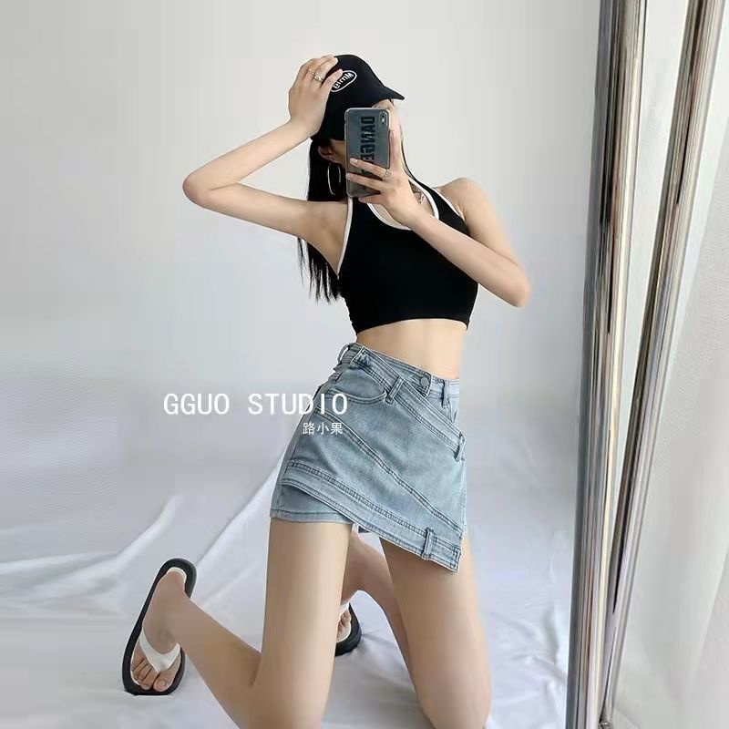 Jiashucheng Chân Váy Denim Ngắn Lưng Cao Dáng Ôm Không Đều Phong Cách Mỹ Thời Trang Mùa Hè 2022 Mới Dành Cho Bạn Nữ
