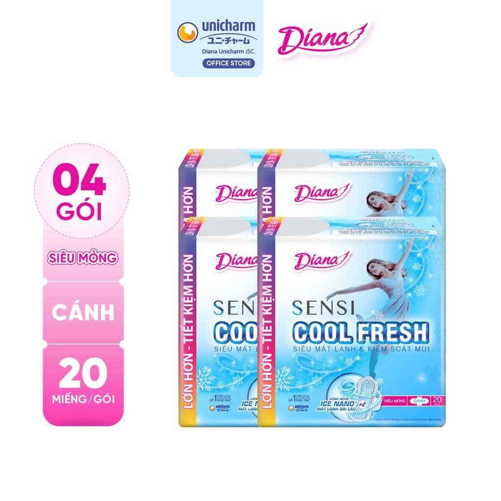 Bộ 4 băng vệ sinh Diana Sensi Cool Fresh siêu mỏng cánh gói 20 miếng