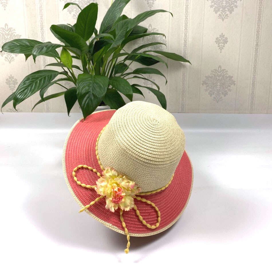 NÓN CÓI PHỐI 2 MÀU ĐAI XOẮN TRÒN GẮN HOA MÀU ĐỎ HỒNG Thời Trang,(Ảnh Thật Shop Chụp) Cho Bé Từ 2-10 Tuổi