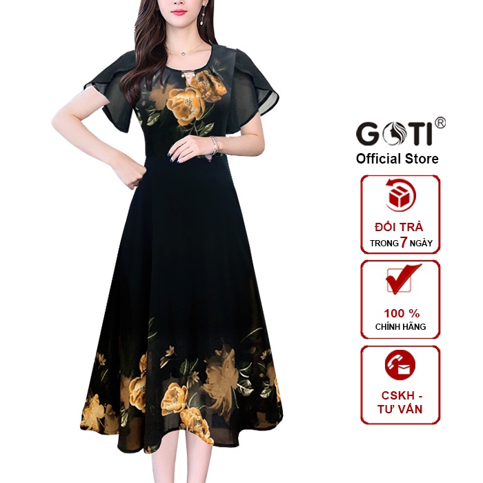 GOTI - Đầm Xòe Dáng Dài Quý Bà Kiều Đầm Xòe Trung Niên Size Lớn In Hoa Có Size Cho Người Mập 3339 3254