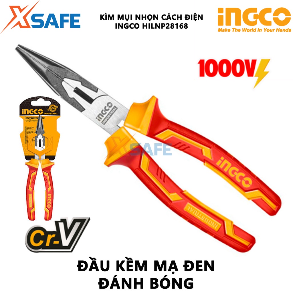 Kềm mũi nhọn cách điện INGCO HILNP28168 Kìm cách điện kích thước 6&quot;/180mm, đầu kềm được mạ đen và đánh bóng - [XSAFE]