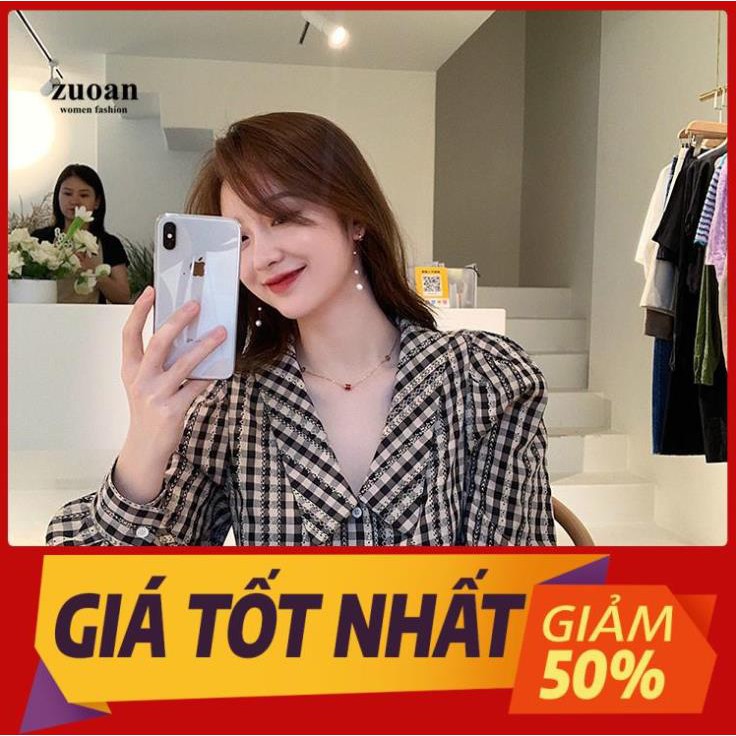 Áo Kiểu Tay Dài Cổ Búp Bê Kẻ Sọc Caro Phong Cách Retro Cho Nữ