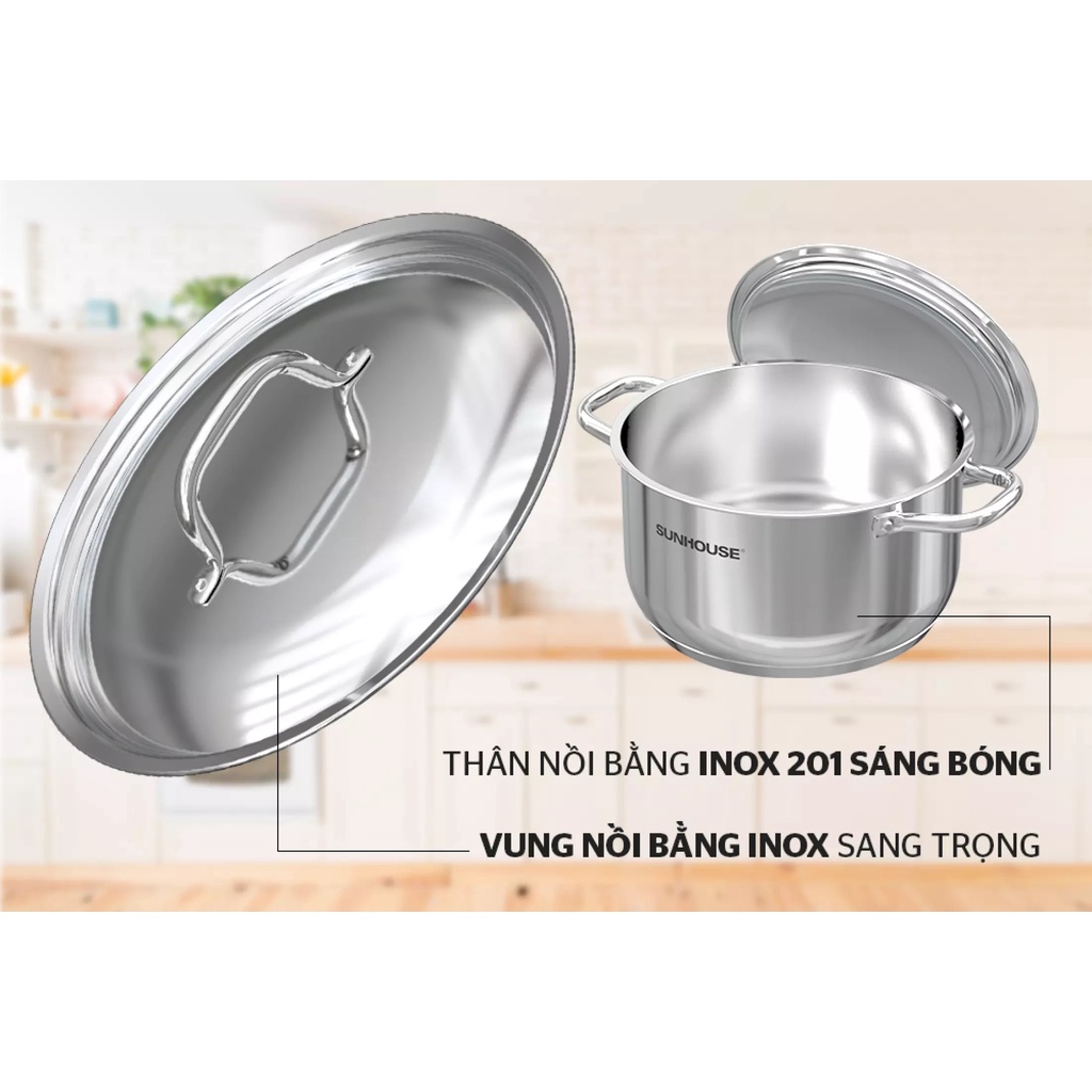 Bộ 5 món nồi inox SUNHOUSE SHG995  hoặc SHg996E  5 đáy, chảo chống dính, xửng hấp
