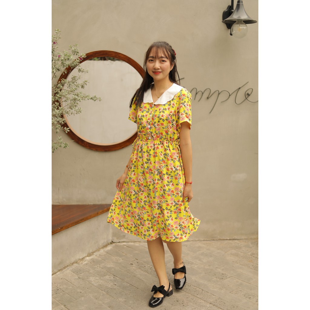 Váy hoa vàng cổ bè siêu đẹp