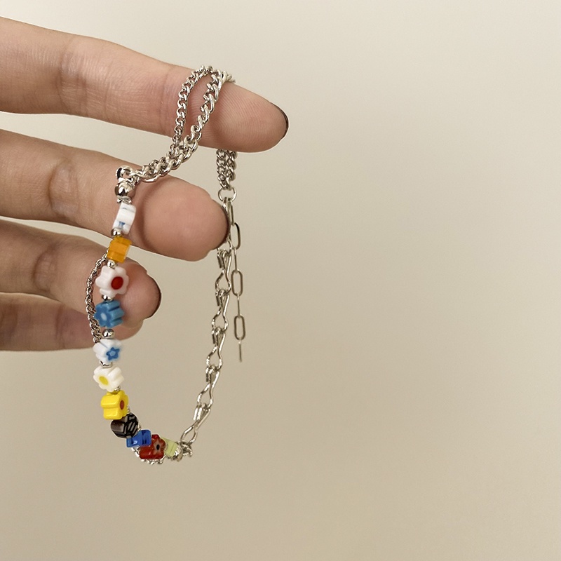 Vòng Đeo Tay Hai Lớp Mặt Kính Hình Hoa Nhỏ Đơn Giản Cá Tính